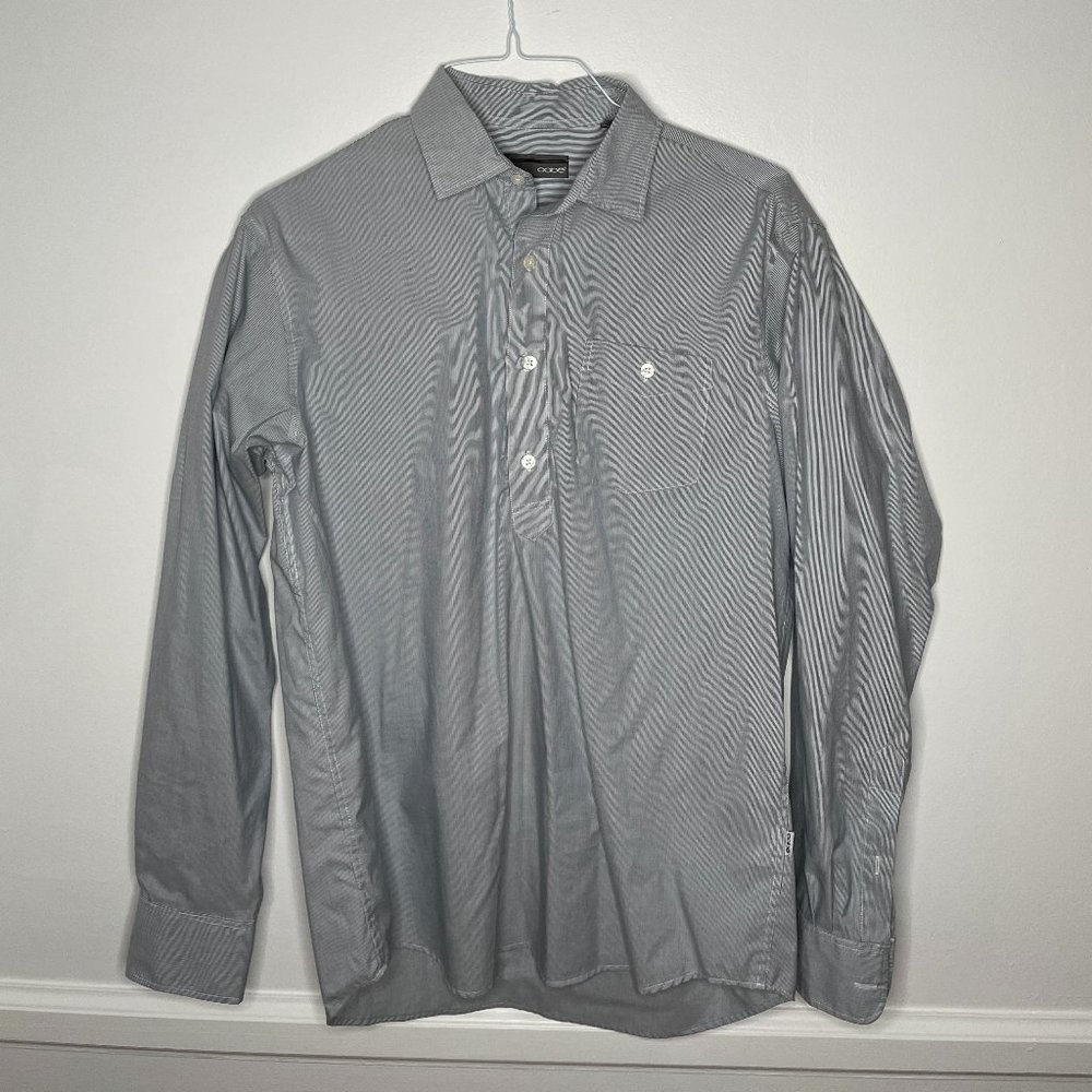 oobe brand 3/4 button down top with tiny grey lines or pinstripe